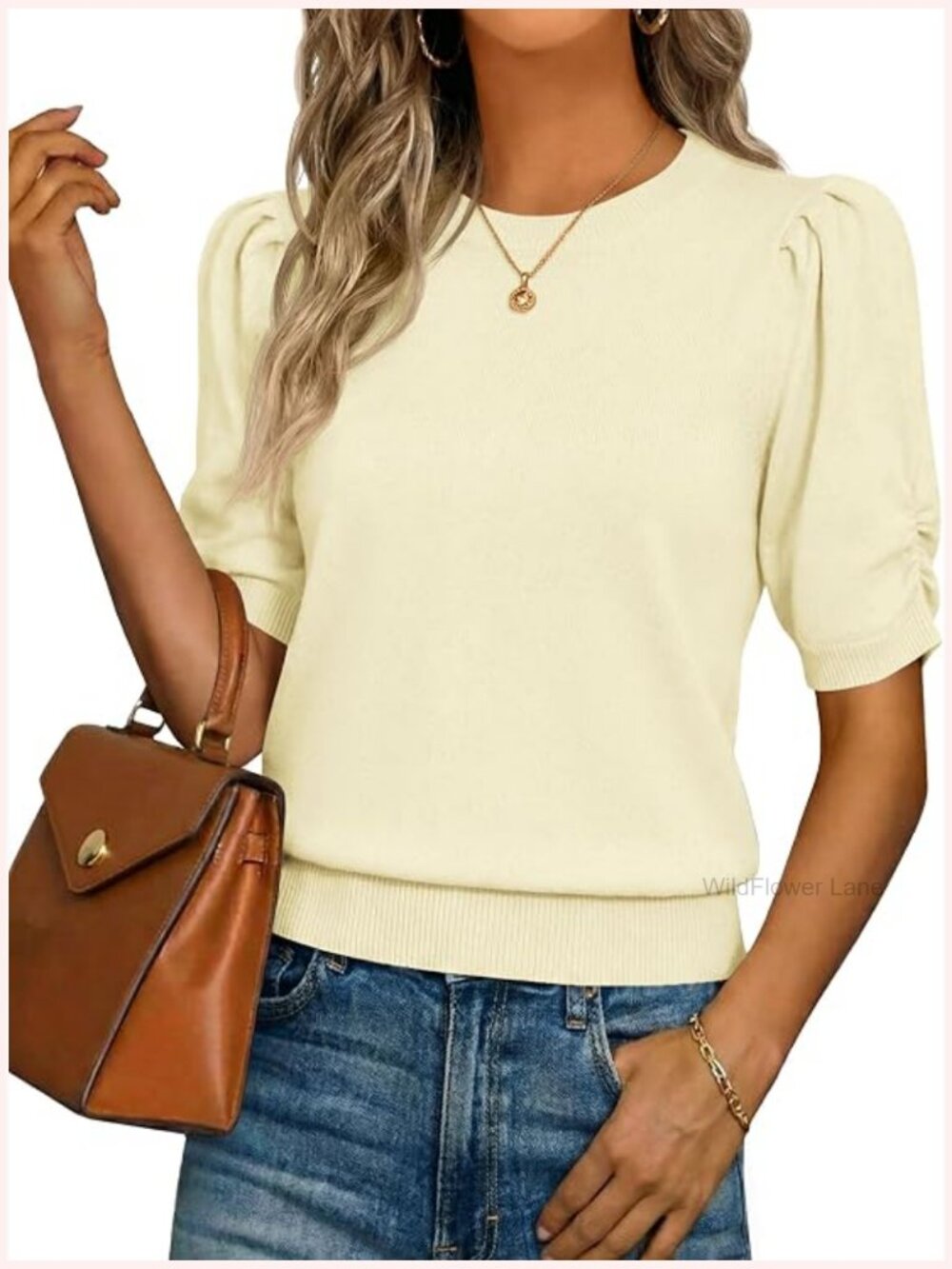 Womens Puff Sleeve Ruffle Crew Neck Loose Knit Pullover Sweater Top Blouse